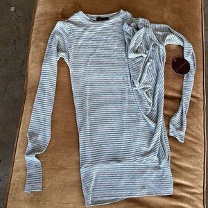 Cool Assymetrical Elongated sleeves Side drape Top grey yellow green stripes